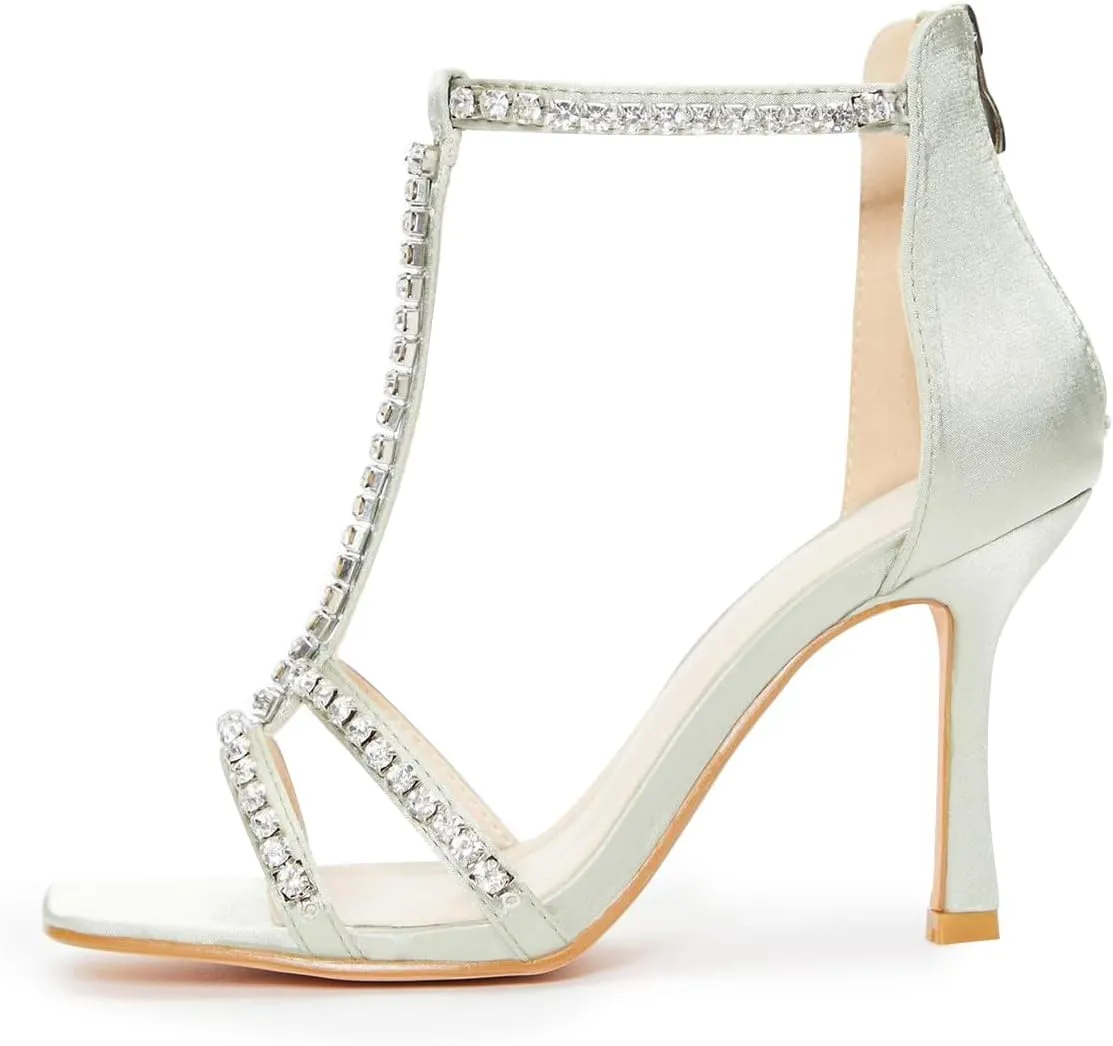 XYD Women Dazzled Rhinestones T-Bar Sandals Square Open Toe High Heels Back Zip Prom Wedding Pump Shoes