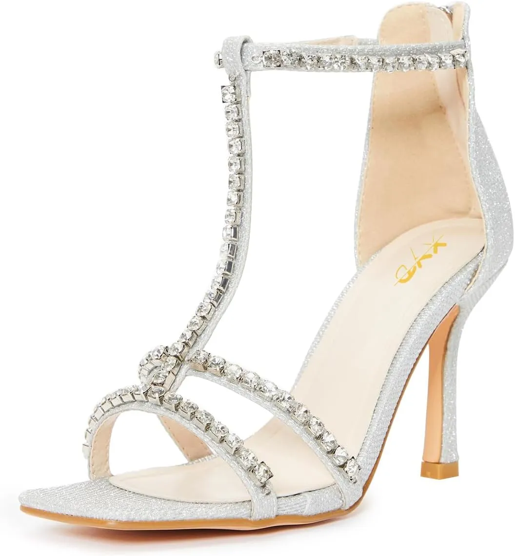 XYD Women Dazzled Rhinestones T-Bar Sandals Square Open Toe High Heels Back Zip Prom Wedding Pump Shoes
