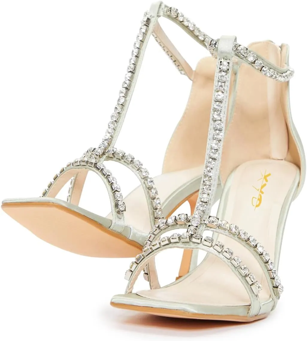 XYD Women Dazzled Rhinestones T-Bar Sandals Square Open Toe High Heels Back Zip Prom Wedding Pump Shoes