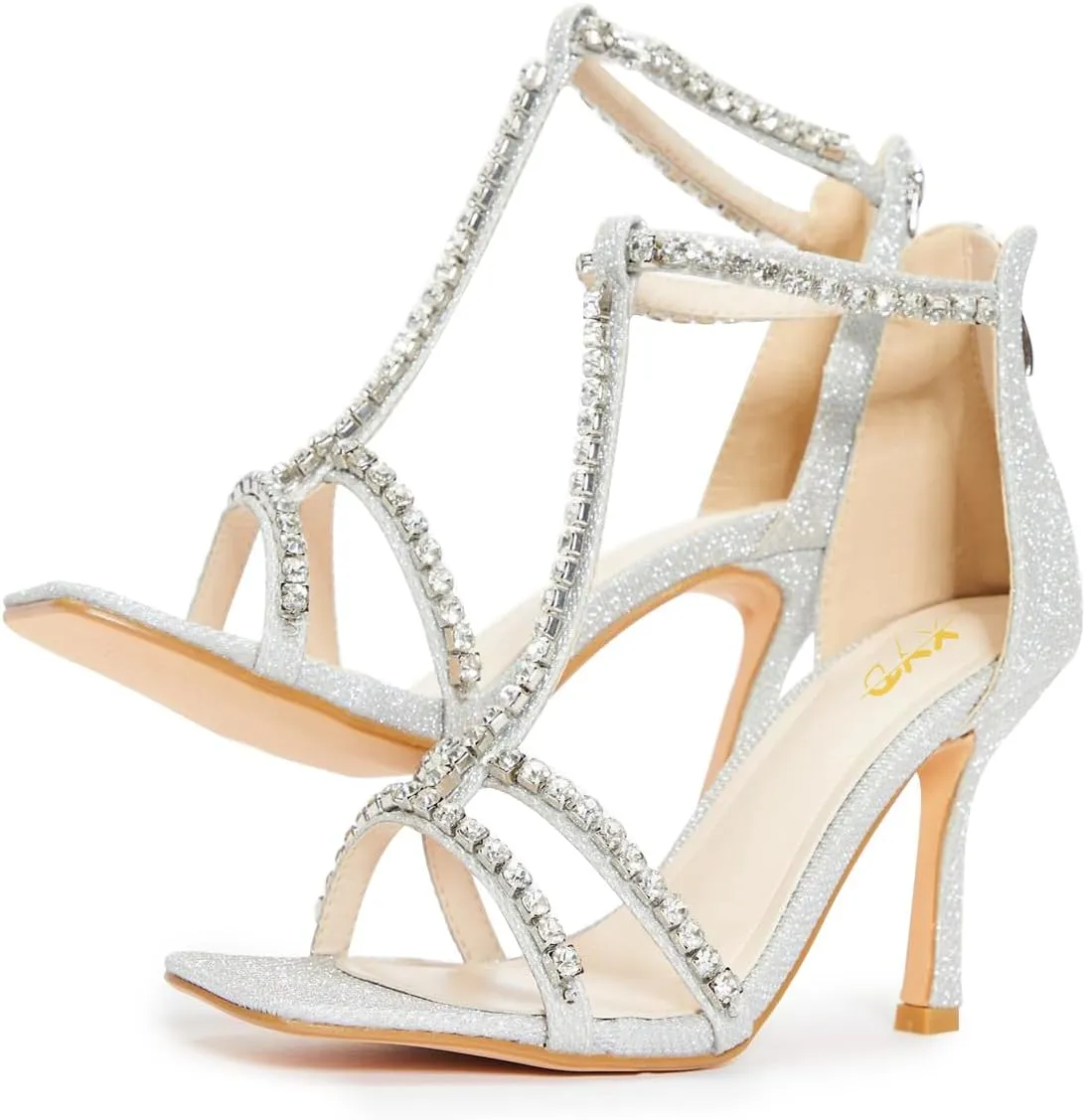 XYD Women Dazzled Rhinestones T-Bar Sandals Square Open Toe High Heels Back Zip Prom Wedding Pump Shoes