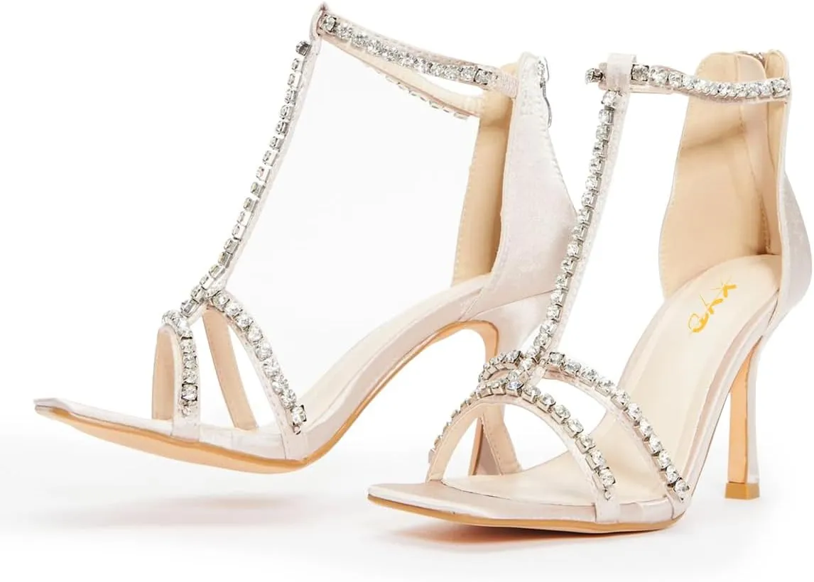 XYD Women Dazzled Rhinestones T-Bar Sandals Square Open Toe High Heels Back Zip Prom Wedding Pump Shoes