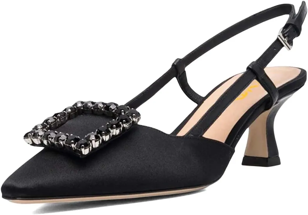 XYD Women Pointy Toe Pumps Square Rhinestone Buckle Slingback Evening Pumps Low Heels Slip On Ankle Strap Ladies Chic Party Shoes