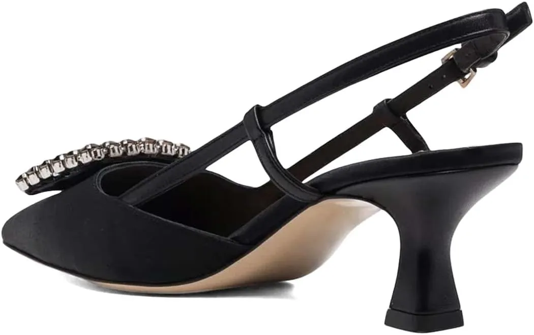 XYD Women Pointy Toe Pumps Square Rhinestone Buckle Slingback Evening Pumps Low Heels Slip On Ankle Strap Ladies Chic Party Shoes
