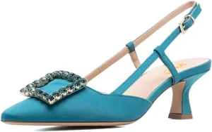 XYD Women Pointy Toe Pumps Square Rhinestone Buckle Slingback Evening Pumps Low Heels Slip On Ankle Strap Ladies Chic Party Shoes