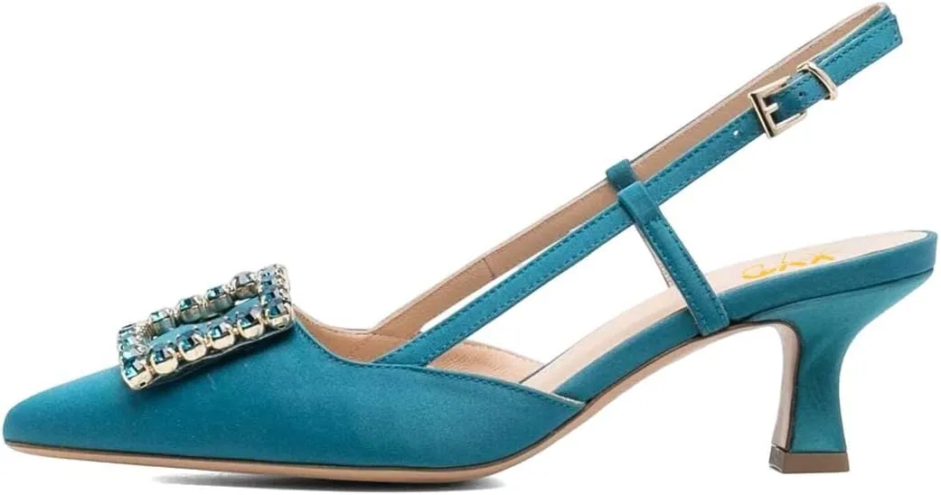 XYD Women Pointy Toe Pumps Square Rhinestone Buckle Slingback Evening Pumps Low Heels Slip On Ankle Strap Ladies Chic Party Shoes
