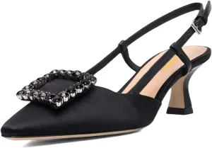 XYD Women Pointy Toe Pumps Square Rhinestone Buckle Slingback Evening Pumps Low Heels Slip On Ankle Strap Ladies Chic Party Shoes