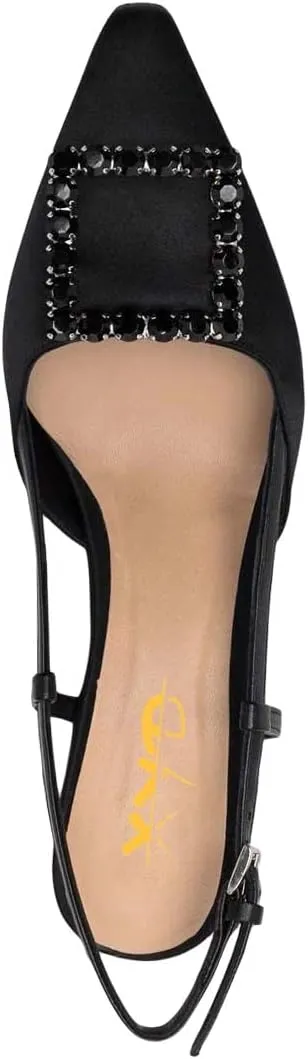 XYD Women Pointy Toe Pumps Square Rhinestone Buckle Slingback Evening Pumps Low Heels Slip On Ankle Strap Ladies Chic Party Shoes