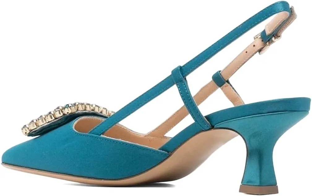 XYD Women Pointy Toe Pumps Square Rhinestone Buckle Slingback Evening Pumps Low Heels Slip On Ankle Strap Ladies Chic Party Shoes