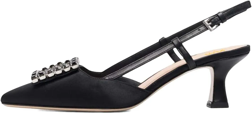 XYD Women Pointy Toe Pumps Square Rhinestone Buckle Slingback Evening Pumps Low Heels Slip On Ankle Strap Ladies Chic Party Shoes