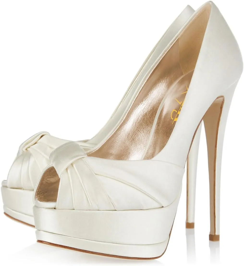 XYD Women's Elegant Knotted Platform Stiletto Heels Bride Shoes Peep Toe Pumps 6 Inch Heels for Dress Wedding Party
