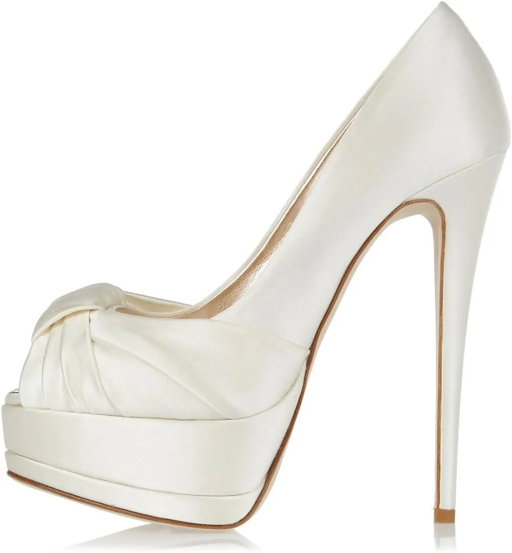XYD Women's Elegant Knotted Platform Stiletto Heels Bride Shoes Peep Toe Pumps 6 Inch Heels for Dress Wedding Party
