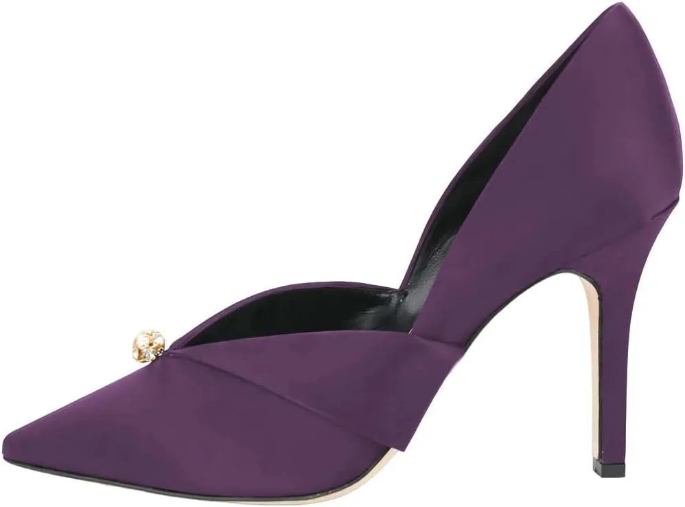 XYD Women's Pumps Stiletto High Heels Rhinestone Bead Closed Pointed Toe Slip On Comfort Ladies Office Work Church Wedding Party Dress Satin Shoes