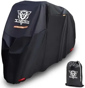 XYZCTEM Motorcycle Cover -Waterproof Outdoor Storage Bag,Made of Heavy Duty Material Fits up to 91 inch, Compatible with Harley Davison and All Motors(Black& Lockholes& Professional Windproof Strap)
