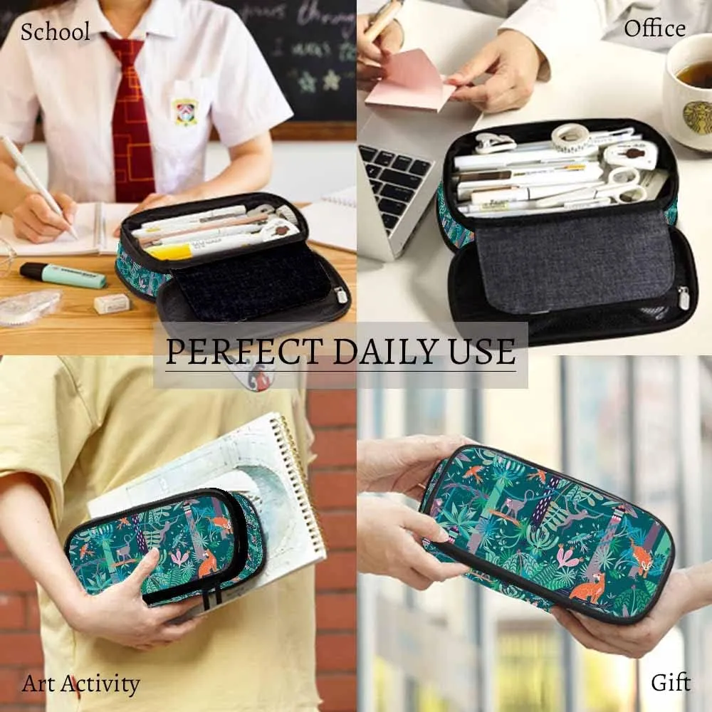 Yekiua Woods Animals Pencil Holder Jungle Trees Flowers Leaves Big Capacity Pencil Case Multi-Purpose Makeup Pouch For Office College Adult Colorful
