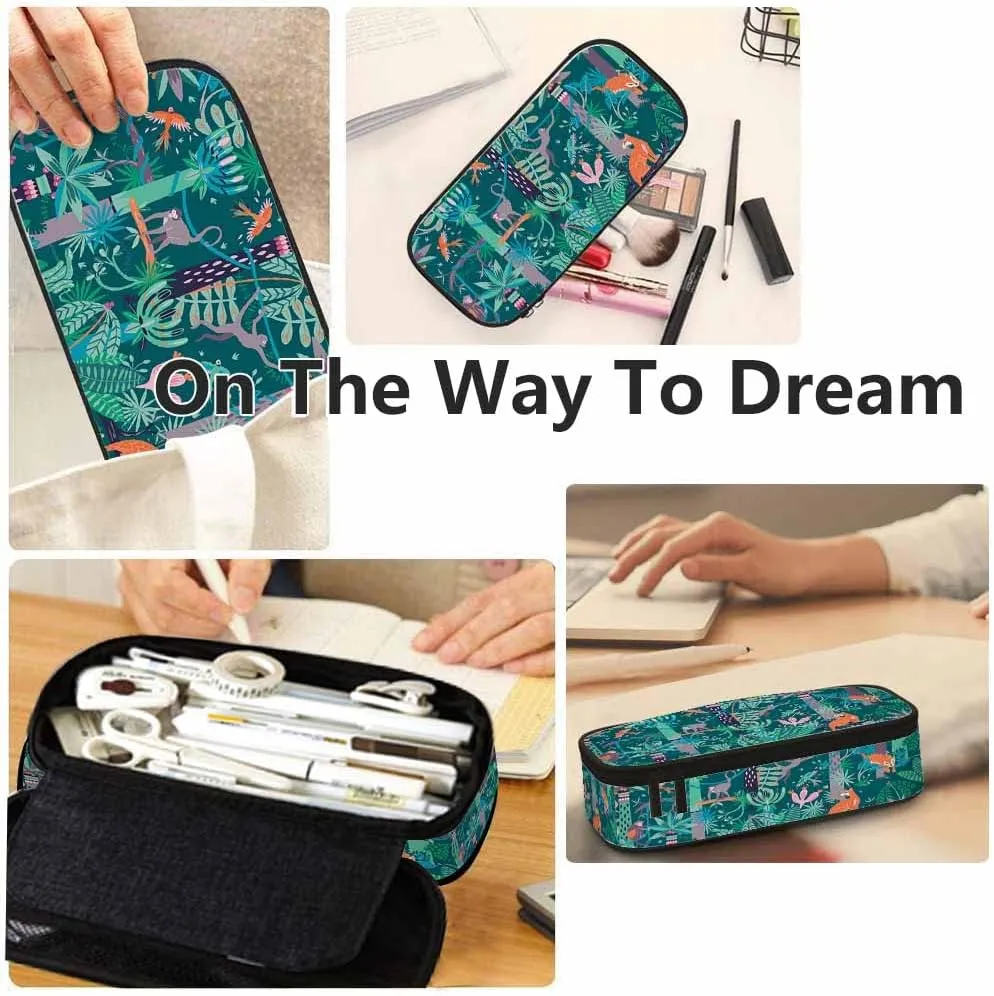 Yekiua Woods Animals Pencil Holder Jungle Trees Flowers Leaves Big Capacity Pencil Case Multi-Purpose Makeup Pouch For Office College Adult Colorful