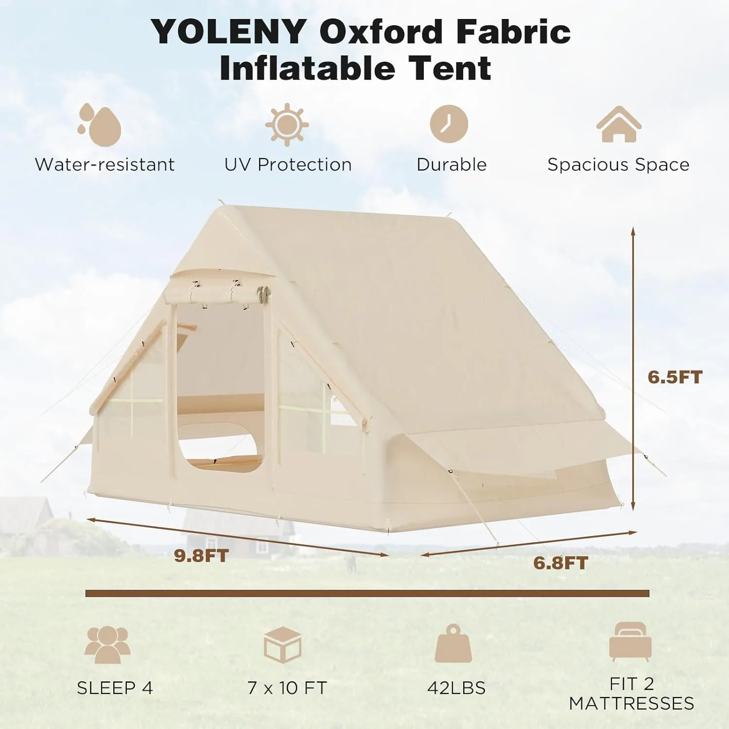 YOLENY Inflatable Camping Tent, 2/4/6/8 Person Glamping Inflatable Tents for Camping, Easy Setup Portable Water-Resistant Cabin Tent with Mesh Windows & Pumps, 4 Season