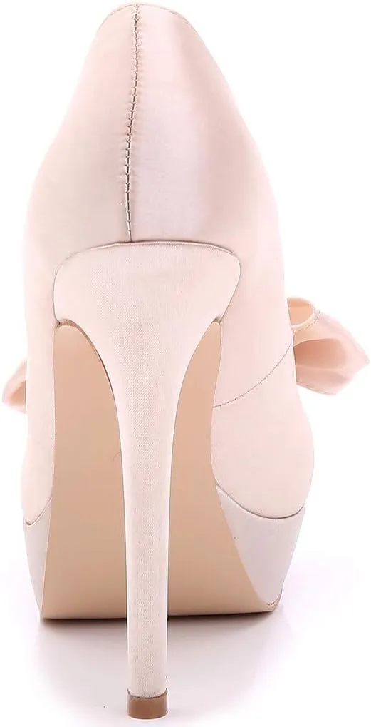 YooPrettyz Women Oversized Bow Wedding High Heels Slip On Satin Evening Bridesmaid Pumps