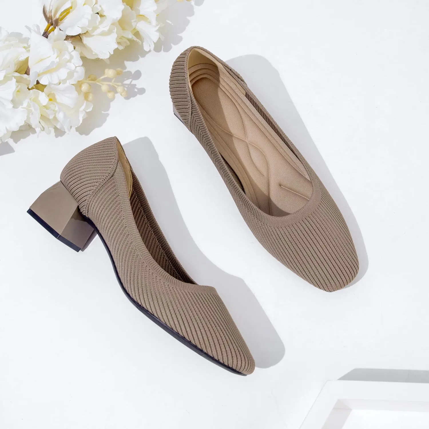 youngshow Womens Pumps Block Heels Square Toe Knit Comfortable Heel for Women Slip On Work Shoes for Woman Dress Classic Shoes Walk Office