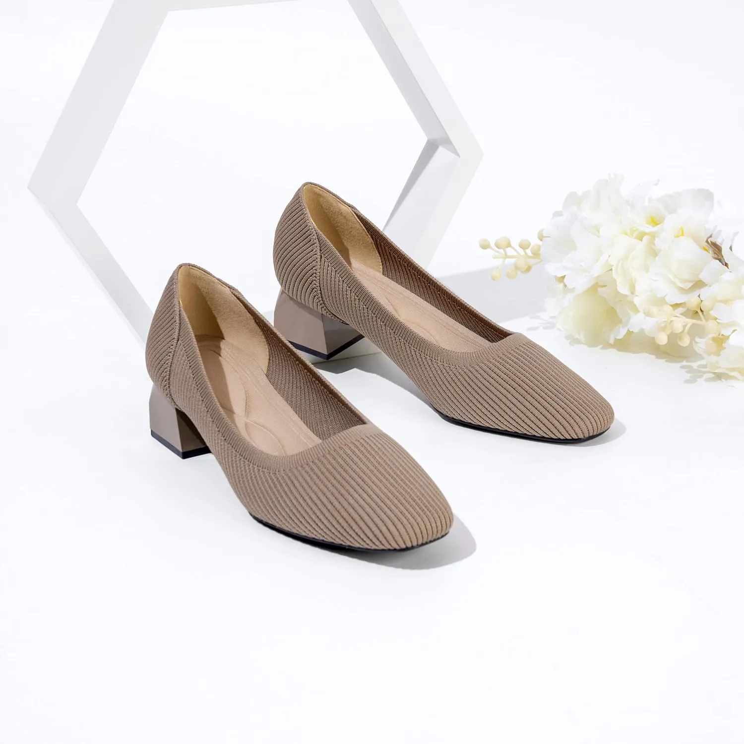 youngshow Womens Pumps Block Heels Square Toe Knit Comfortable Heel for Women Slip On Work Shoes for Woman Dress Classic Shoes Walk Office
