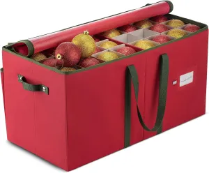 ZOBER Large Christmas Ornament Storage Box - Stores 128 Ornaments W/Dividers - Non-Woven, Durable Christmas Storage Containers - Dual Zipper - Red