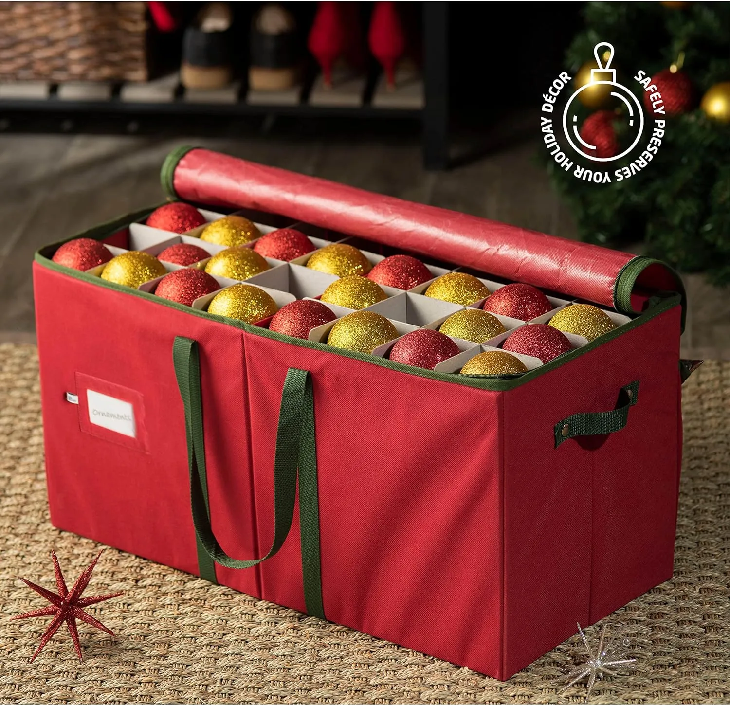 ZOBER Large Christmas Ornament Storage Box - Stores 128 Ornaments W/Dividers - Non-Woven, Durable Christmas Storage Containers - Dual Zipper - Red