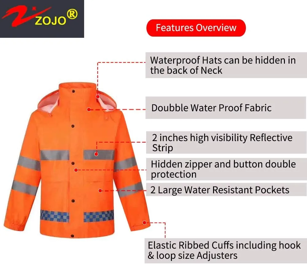 zojo High Visibility Safety Rain suit, Jacket, Pants High Visibility Reflective Rain Coats (Orange-XL)