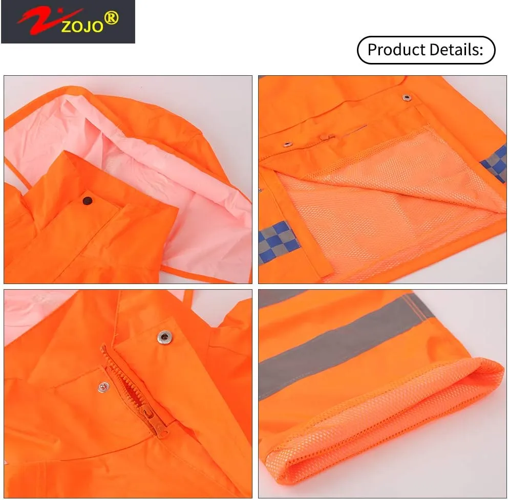 zojo High Visibility Safety Rain suit, Jacket, Pants High Visibility Reflective Rain Coats (Orange-XL)